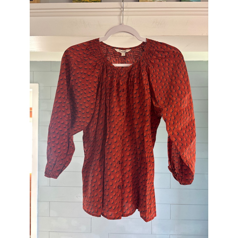 Tucker NYC Rust Orange Navy Blue Print 100% Silk Smocked Blouse Small